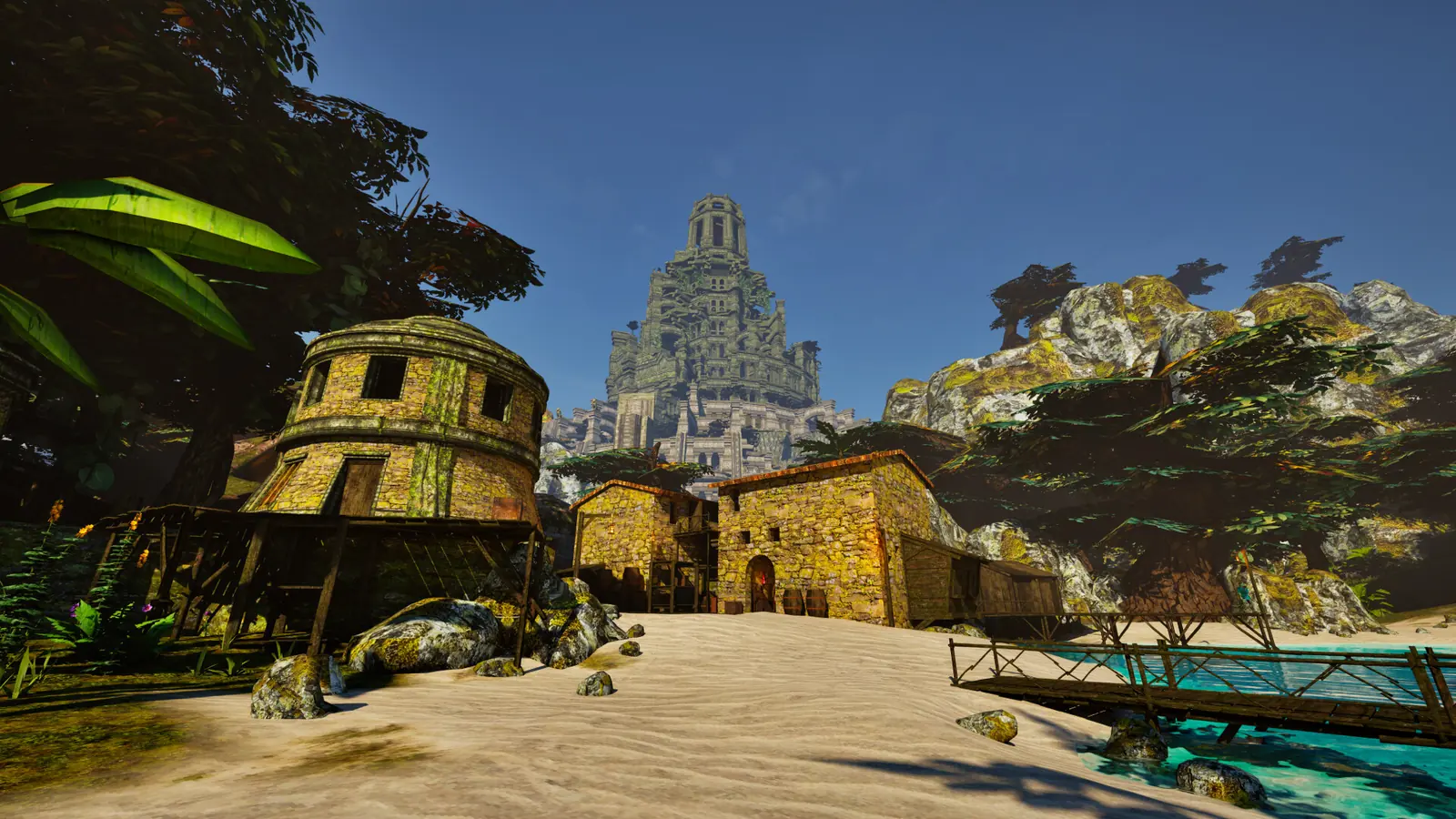 A coastal settlement below the distant Tower in an official Steam screenshot