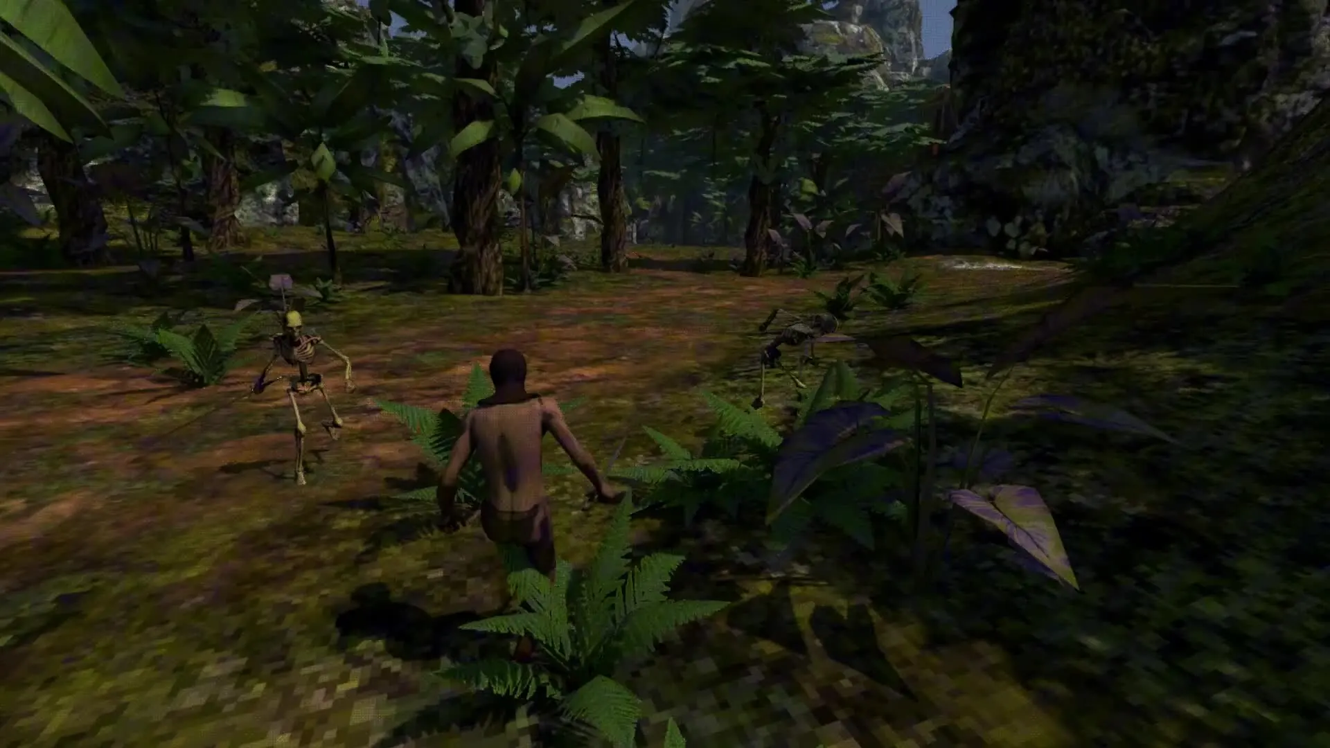 A traveler facing skeletal enemies in a dense island forest in an official Steam trailer still