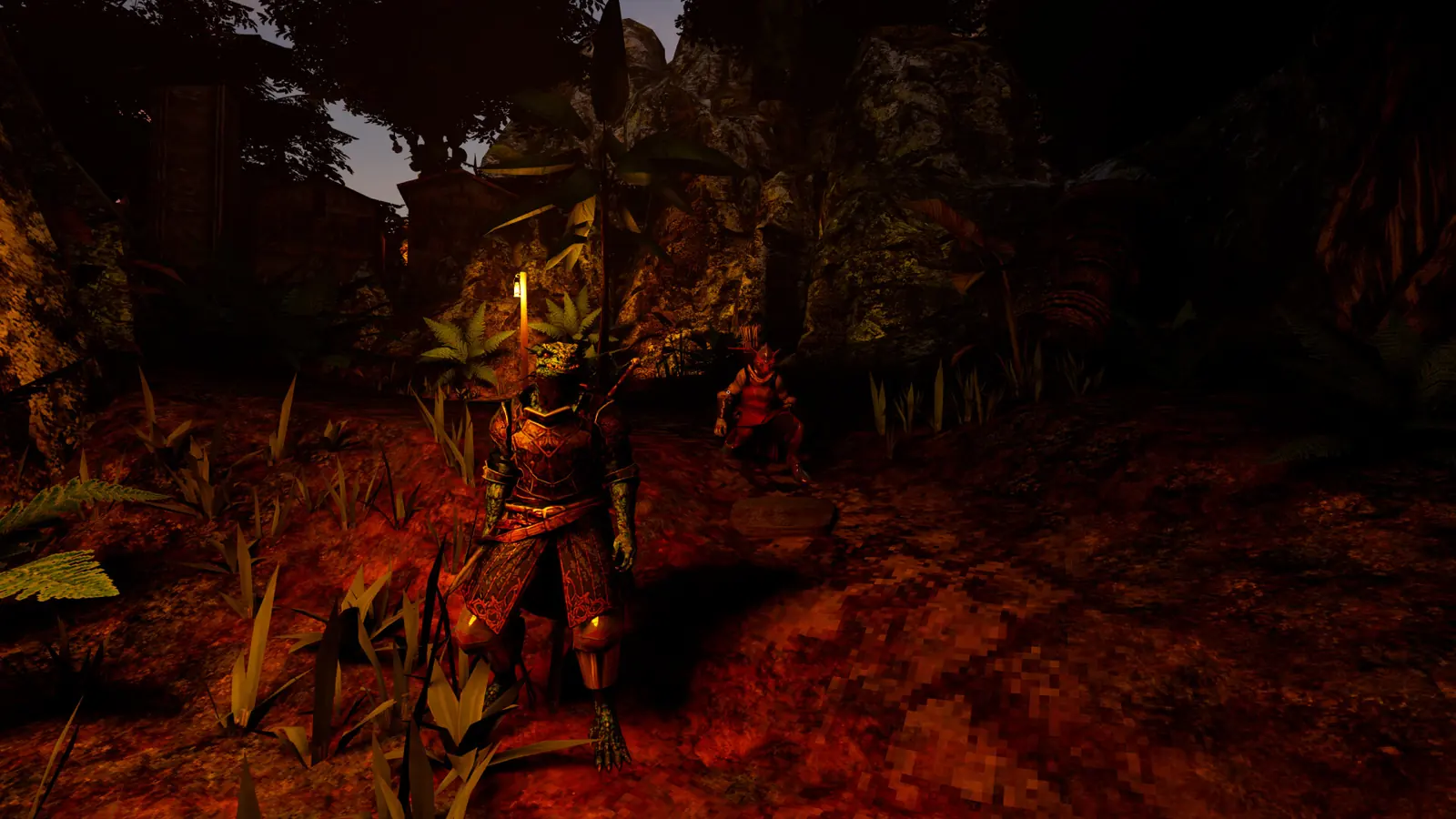 Armed adventurers gathered on a dark forest path in an official Steam screenshot