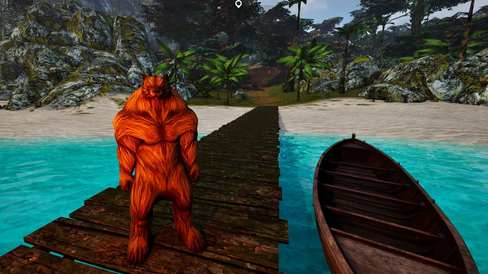 An orange-furred figure standing on a dock beside a small boat in an official Steam screenshot