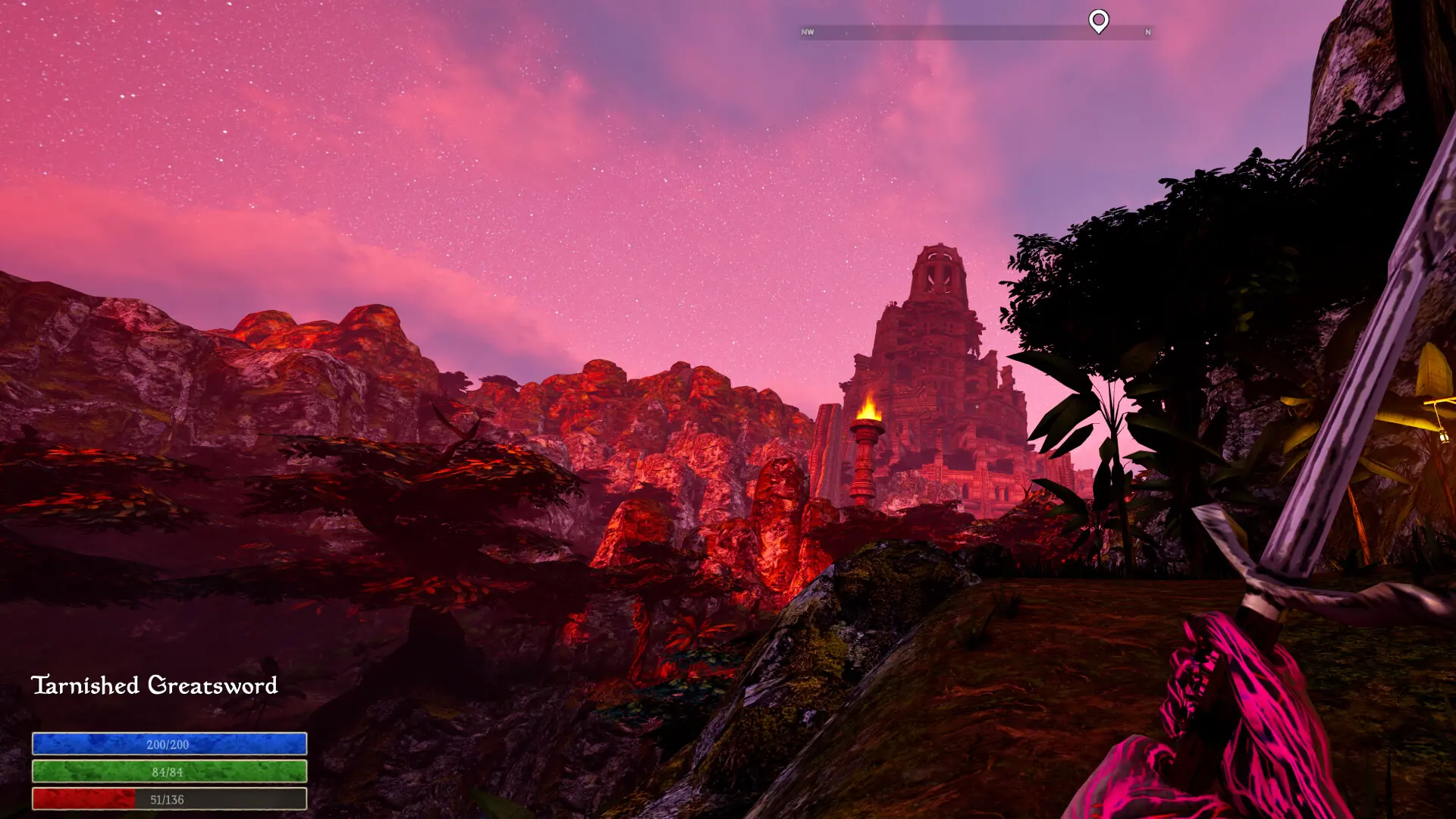 A sword raised toward red-lit island ruins beneath a bright sky in an official Steam screenshot
