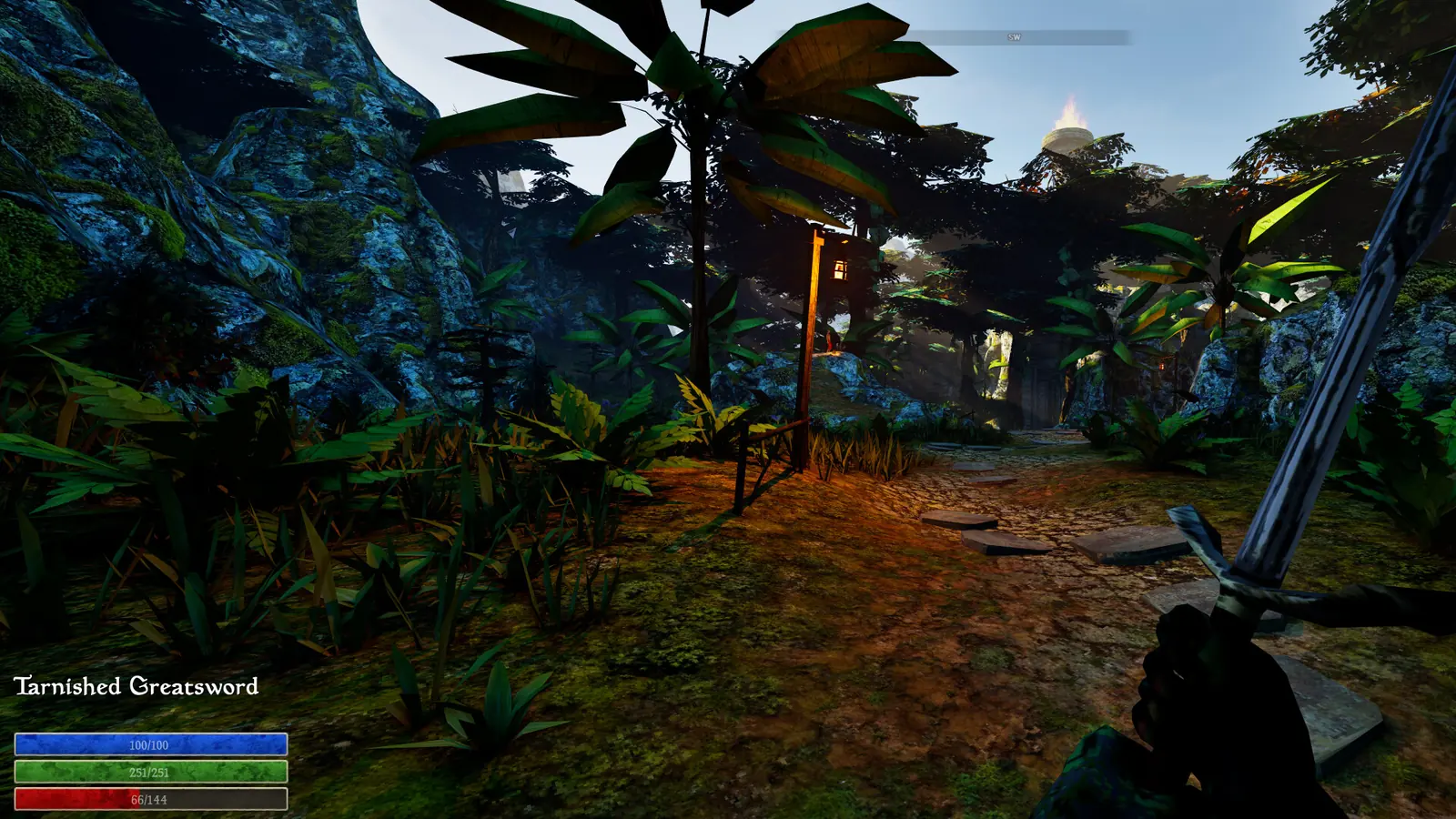 A lantern-lit jungle path with weapon and status interface visible in an official Steam screenshot