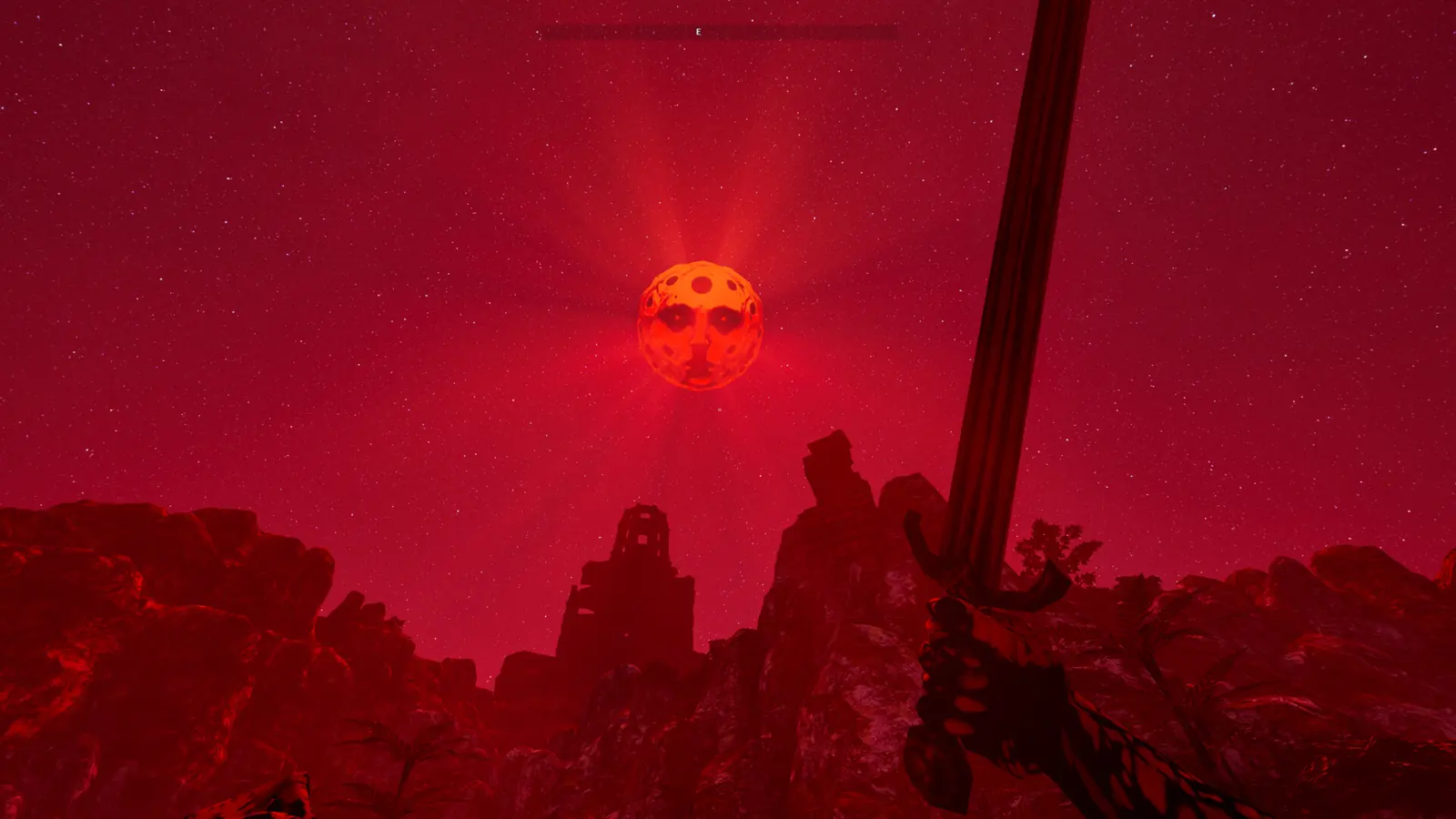 A red moon over jagged island ruins with a weapon visible in an official Steam screenshot