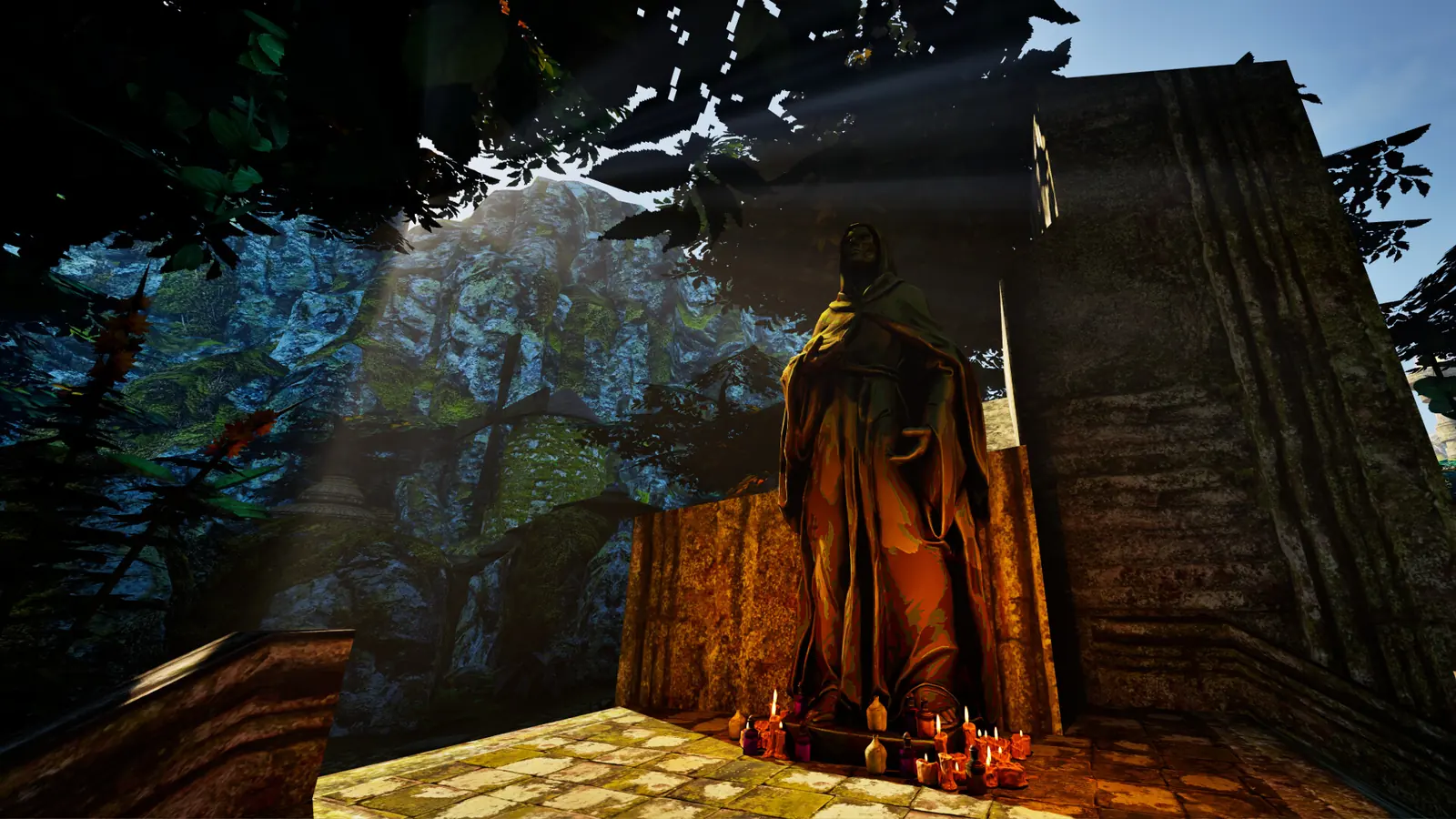 A robed figure facing a candlelit shrine beside a stone tower in an official Steam screenshot